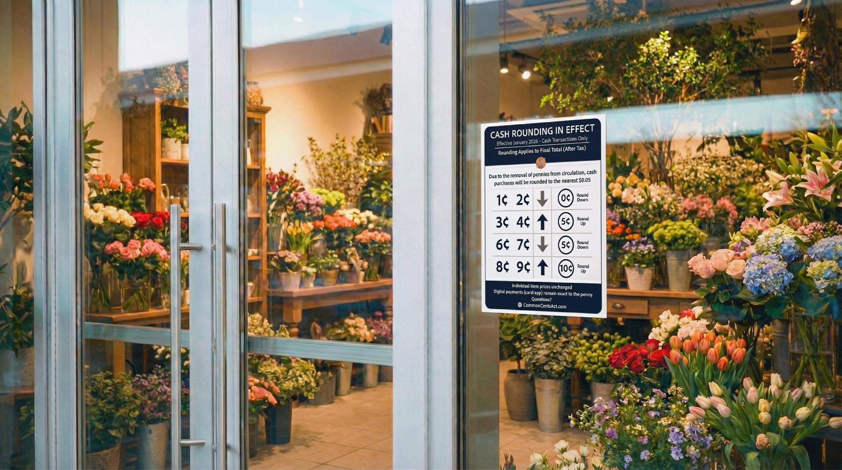 Store with cash rounding signage