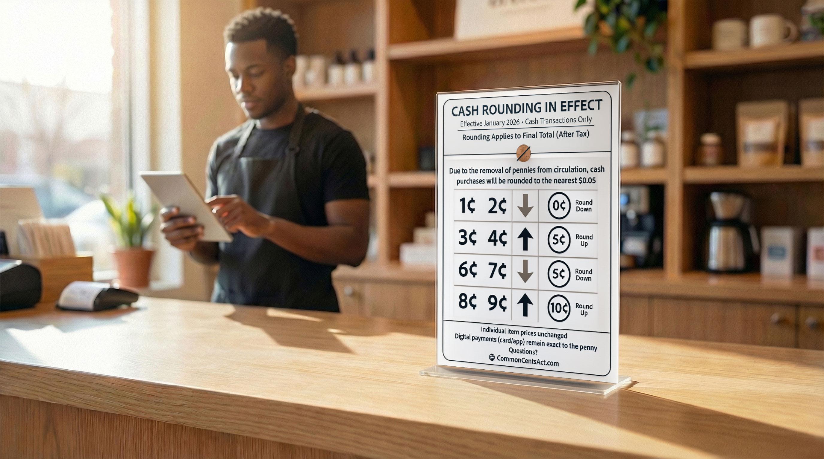 Store with cash rounding signage