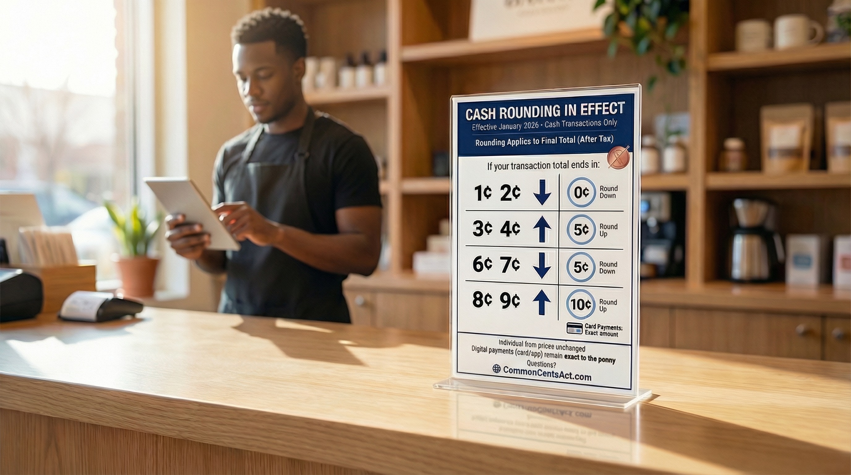 Store with cash rounding signage