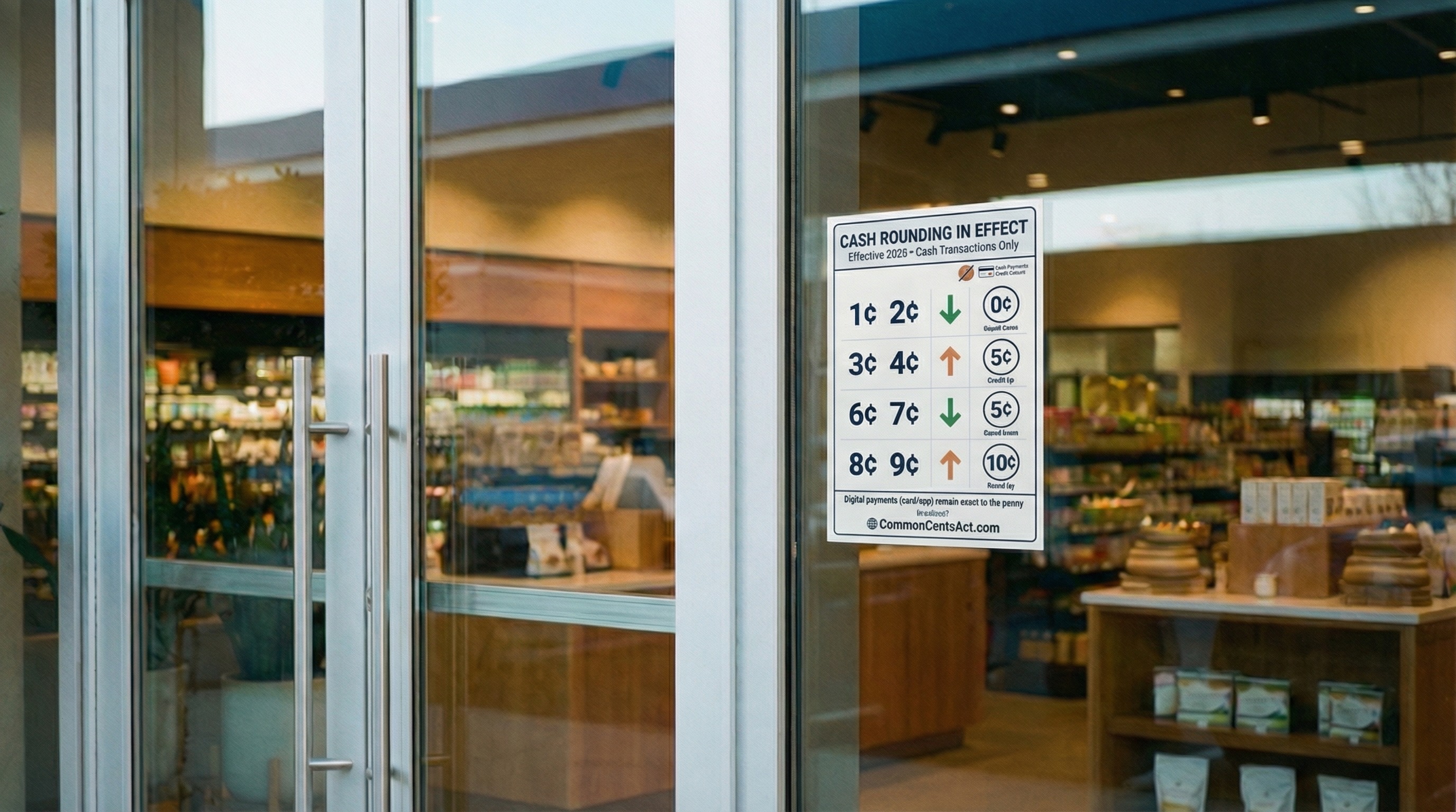 Storefront with cash rounding signage